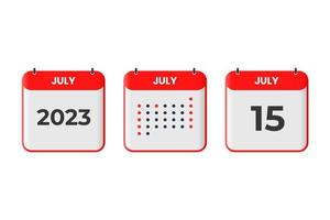 icône de conception de calendrier du 15 juillet. Calendrier 2023, rendez-vous, concept de date importante vecteur