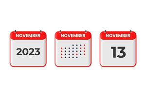 icône de conception de calendrier du 13 novembre. Calendrier 2023, rendez-vous, concept de date importante vecteur