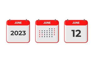 icône de conception de calendrier du 12 juin. Calendrier 2023, rendez-vous, concept de date importante vecteur