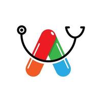 ce logo est une combinaison de deux capsules et d'un logo stéthoscope une lettre une forme. adapté aux entreprises médicales, telles que les pharmacies, les cliniques, les centres de santé et les hôpitaux. vecteur
