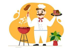 steakhouse de viande grillée avec steak délicieux juteux, salade et tomates pour barbecue en illustration de modèle dessiné à la main dessin animé plat vecteur