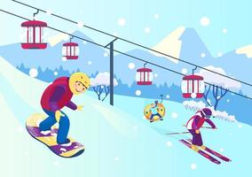 illustration vectorielle de pente de montagne avec des personnes pratiquant différents sports d'hiver. snowboard, ski, snow tubing. téléphérique. paysage de montagnes enneigées. vecteur