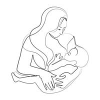 femme allaitant son bébé dessin au trait continu, logo, icône, modèle de conception d'emblème, illustration vectorielle minimaliste. maman et bébé croquis noir et blanc. concept d'allaitement. vecteur