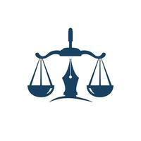 vecteur de logo de droit avec équilibre judiciaire symbolique de l'échelle de la justice dans une pointe de stylo. vecteur de logo pour le droit, les tribunaux, les services de justice et les entreprises.