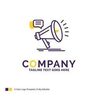 création de logo de nom d'entreprise pour le marketing. mégaphone. annonce. promo. promotion. conception de nom de marque violet et jaune avec place pour le slogan. modèle de logo créatif pour petites et grandes entreprises. vecteur