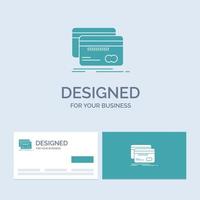 bancaire. carte. le crédit. débit. symbole d'icône de glyphe de logo d'entreprise de finances pour votre entreprise. cartes de visite turquoise avec modèle de logo de marque. vecteur