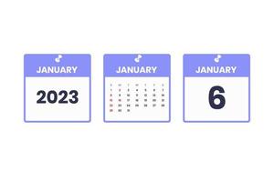 conception du calendrier de janvier. icône de calendrier du 6 janvier 2023 pour l'horaire, le rendez-vous, le concept de date importante vecteur