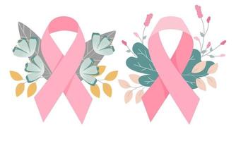 rubans et fleurs de cancer du sein pour bannière ou affiche, concept de journée du cancer du sein. symboles vectoriels plats. vecteur