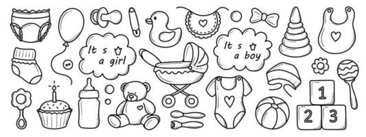un ensemble d'éléments d'enfants nés dessinés à la main dans un style doodle vecteur