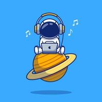 astronaute mignon écoutant de la musique avec un ordinateur portable et un casque dessin animé vecteur icône illustration science technologie icône concept isolé vecteur premium. style de dessin animé plat