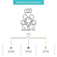 groupe. Entreprise. Rencontre. personnes. conception d'organigramme d'activité d'équipe en 3 étapes. icône de ligne pour le modèle d'arrière-plan de présentation place pour le texte vecteur