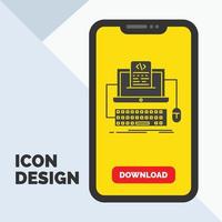 code. codage. l'ordinateur. monobloc. icône de glyphe d'écran dans la page de téléchargement mobile. fond jaune vecteur