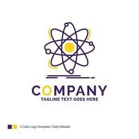 création de logo de nom de société pour atom. la science. chimie. la physique. nucléaire. conception de nom de marque violet et jaune avec place pour le slogan. modèle de logo créatif pour petites et grandes entreprises. vecteur