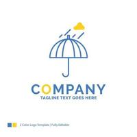 parapluie. camping. pluie. sécurité. modèle de logo d'entreprise météo bleu jaune. lieu de modèle de conception créative pour le slogan. vecteur