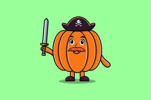 mignon, dessin animé, mascotte, citrouille, pirate, tenue, épée vecteur