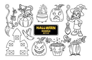 doodle dessiné à la main d'halloween. joli jeu de timbres numériques halloween. vecteur