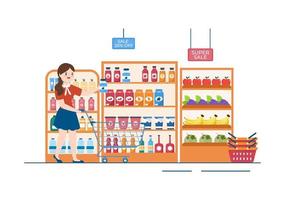 épicerie ou supermarché avec étagères de produits alimentaires, étagères produits laitiers, fruits et boissons pour faire du shopping dans l'illustration de modèles dessinés à la main de dessin animé plat vecteur