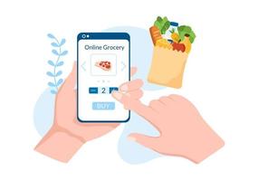 épicerie ou supermarché en ligne pour commander des produits de première nécessité ou de la nourriture via l'application en illustration de modèles dessinés à la main de dessin animé plat vecteur