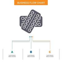 Médicament. pilule. drogues. tablette. conception d'organigramme d'affaires patient en 3 étapes. icône de glyphe pour la place du modèle d'arrière-plan de présentation pour le texte. vecteur