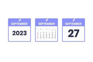 conception du calendrier de septembre. 27 septembre 2023 icône de calendrier pour l'horaire, le rendez-vous, le concept de date importante vecteur