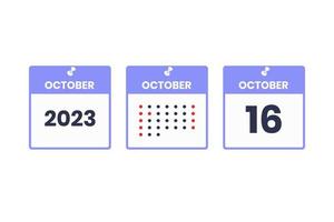 icône de conception de calendrier du 16 octobre. Calendrier 2023, rendez-vous, concept de date importante vecteur