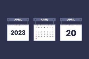 Icône de calendrier du 20 avril 2023 pour l'horaire, le rendez-vous, le concept de date importante vecteur