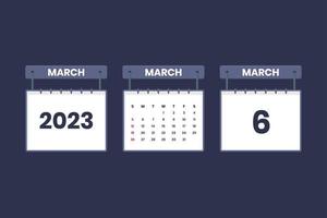 Icône de calendrier du 6 mars 2023 pour le calendrier, le rendez-vous, le concept de date importante vecteur