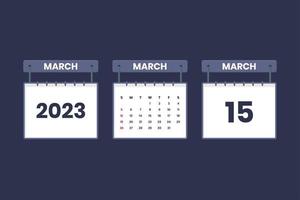 Icône de calendrier du 15 mars 2023 pour l'horaire, le rendez-vous, le concept de date importante vecteur