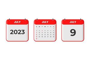 conception du calendrier de juillet 2023. Icône de calendrier du 9 juillet 2023 pour l'horaire, le rendez-vous, le concept de date importante vecteur