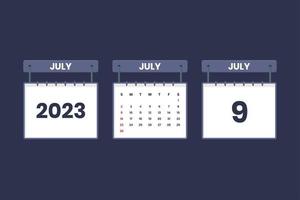 9 juillet 2023 icône de calendrier pour l'horaire, le rendez-vous, le concept de date importante vecteur