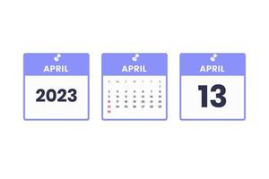 conception du calendrier d'avril. 13 avril 2023 icône de calendrier pour l'horaire, le rendez-vous, le concept de date importante vecteur
