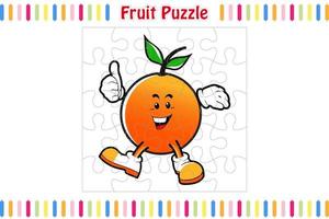 jeu de puzzle de fruits pour les enfants, page d'activité de la feuille de travail en couleur des pièces de puzzle, illustration vectorielle isolée, style de dessin animé de mascotte vecteur