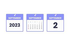 conception du calendrier de septembre. icône de calendrier du 2 septembre 2023 pour l'horaire, le rendez-vous, le concept de date importante vecteur