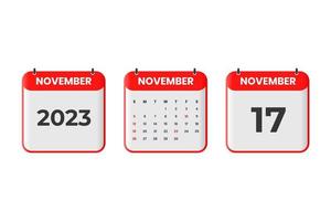 conception du calendrier de novembre 2023. Icône de calendrier du 17 novembre 2023 pour l'horaire, le rendez-vous, le concept de date importante vecteur