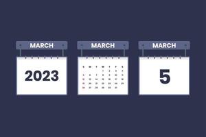 Icône de calendrier du 5 mars 2023 pour l'horaire, le rendez-vous, le concept de date importante vecteur