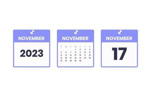 conception du calendrier de novembre. 17 novembre 2023 icône de calendrier pour l'horaire, le rendez-vous, le concept de date importante vecteur