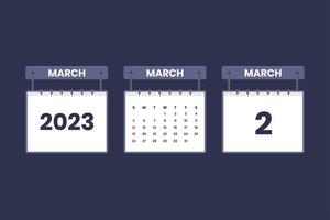 2 mars 2023 icône de calendrier pour l'horaire, le rendez-vous, le concept de date importante vecteur