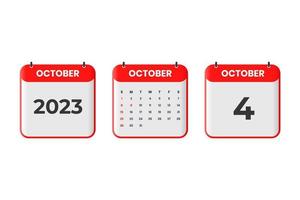 conception du calendrier d'octobre 2023. Icône de calendrier du 4 octobre 2023 pour l'horaire, le rendez-vous, le concept de date importante vecteur