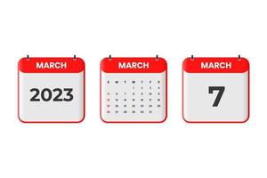 conception du calendrier de mars 2023. Icône de calendrier du 7 mars 2023 pour l'horaire, le rendez-vous, le concept de date importante vecteur