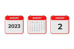 conception du calendrier d'août 2023. Icône de calendrier du 2 août 2023 pour l'horaire, le rendez-vous, le concept de date importante vecteur