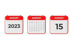conception du calendrier d'août 2023. Icône de calendrier du 15 août 2023 pour l'horaire, le rendez-vous, le concept de date importante vecteur