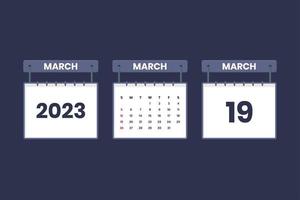 19 mars 2023 icône de calendrier pour l'horaire, le rendez-vous, le concept de date importante vecteur
