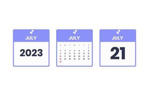 conception du calendrier de juillet. 21 juillet 2023 icône de calendrier pour l'horaire, le rendez-vous, le concept de date importante vecteur