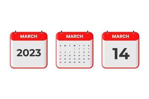 conception du calendrier de mars 2023. Icône de calendrier du 14 mars 2023 pour l'horaire, le rendez-vous, le concept de date importante vecteur