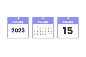 conception du calendrier d'août. 15 août 2023 icône de calendrier pour l'horaire, le rendez-vous, le concept de date importante vecteur
