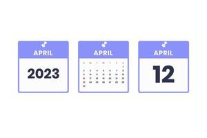 conception du calendrier d'avril. 12 avril 2023 icône de calendrier pour l'horaire, le rendez-vous, le concept de date importante vecteur
