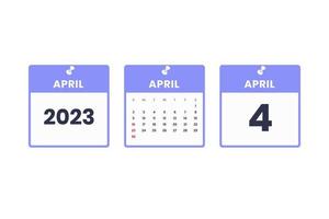 conception du calendrier d'avril. icône de calendrier du 4 avril 2023 pour l'horaire, le rendez-vous, le concept de date importante vecteur