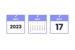 conception du calendrier de juillet. 17 juillet 2023 icône de calendrier pour l'horaire, le rendez-vous, le concept de date importante vecteur
