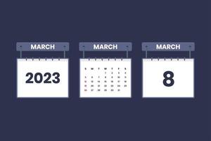 Icône de calendrier du 8 mars 2023 pour l'horaire, le rendez-vous, le concept de date importante vecteur
