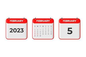 conception du calendrier de février 2023. Icône de calendrier du 5 février 2023 pour l'horaire, le rendez-vous, le concept de date importante vecteur